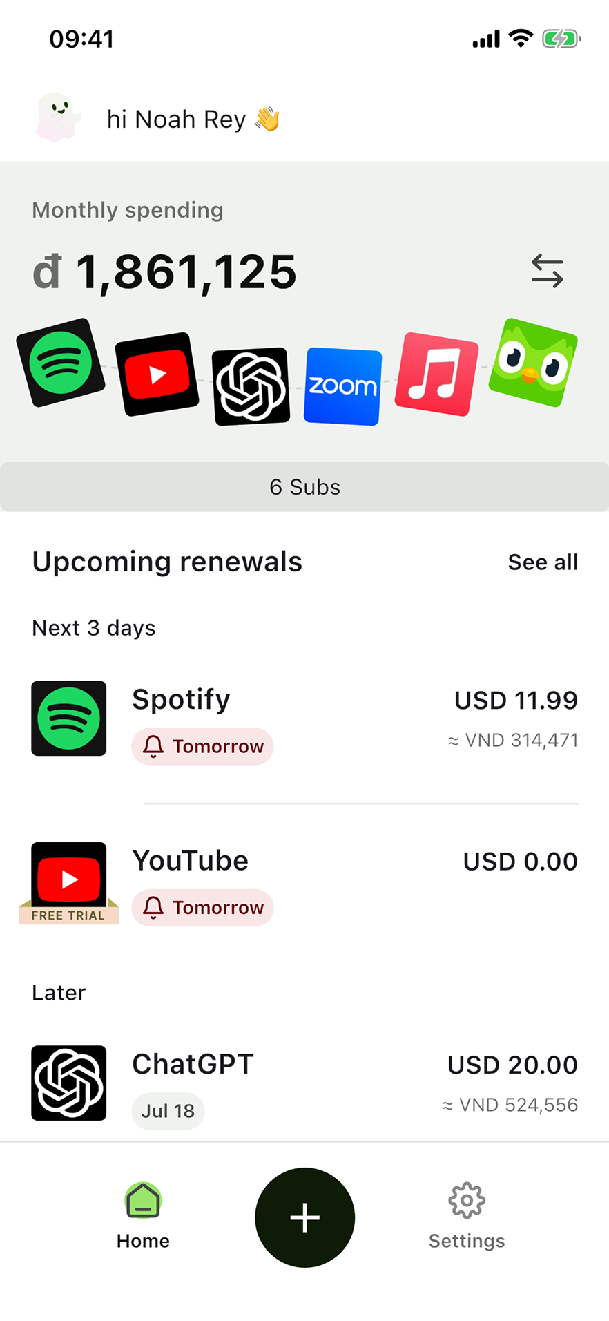 Boo app dashboard: monthly spending and upcoming renewals